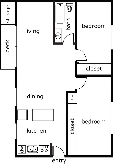 Floor plan for 2 beds, 1 bath, 800 sqft